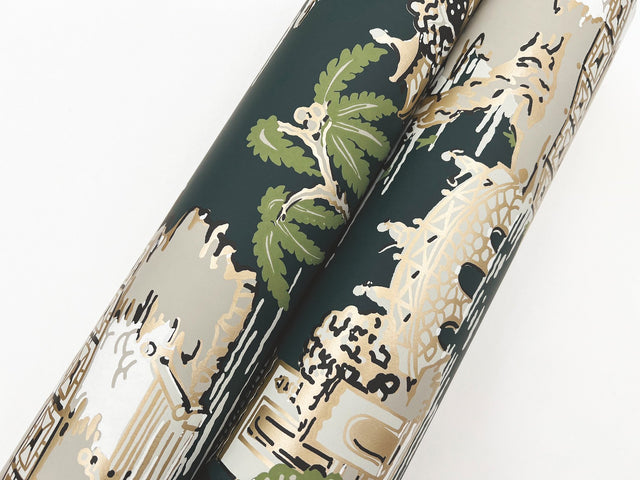 Pagoda And Sampan Scenic Forest Wallpaper with Metallic Toile Pattern, Modern Non Woven - York RT7903