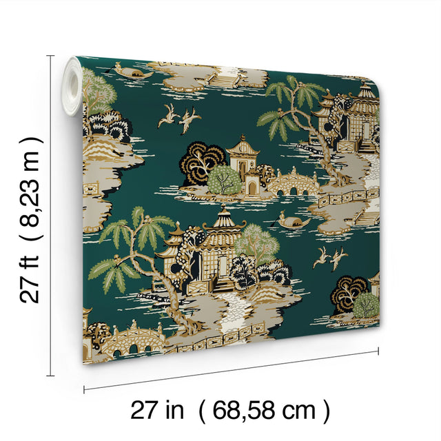 Pagoda And Sampan Scenic Forest Wallpaper with Metallic Toile Pattern, Modern Non Woven - York RT7903