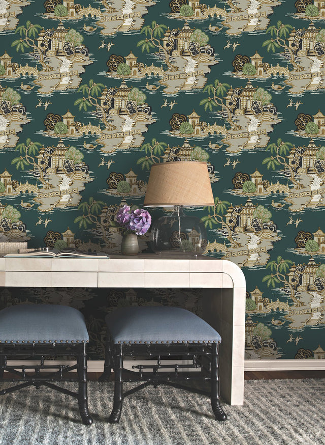 Pagoda And Sampan Scenic Forest Wallpaper with Metallic Toile Pattern, Modern Non Woven - York RT7903