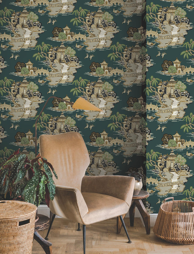 Pagoda And Sampan Scenic Forest Wallpaper with Metallic Toile Pattern, Modern Non Woven - York RT7903