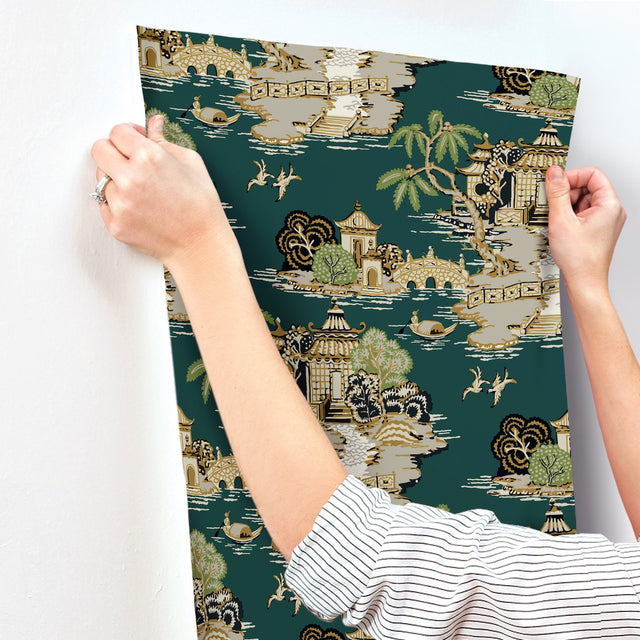 Pagoda And Sampan Scenic Forest Wallpaper with Metallic Toile Pattern, Modern Non Woven - York RT7903