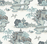 Pagoda And Sampan Scenic Seamist Wallpaper with Modern Toile Pattern - York RT7904