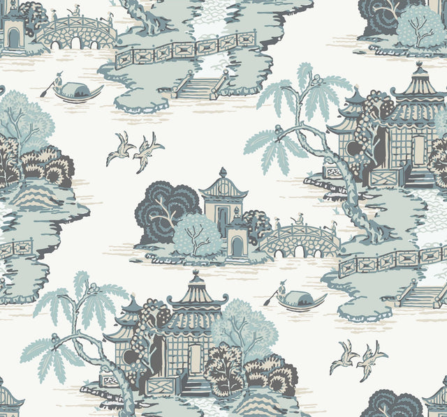 Pagoda And Sampan Scenic Seamist Wallpaper with Modern Toile Pattern - York RT7904