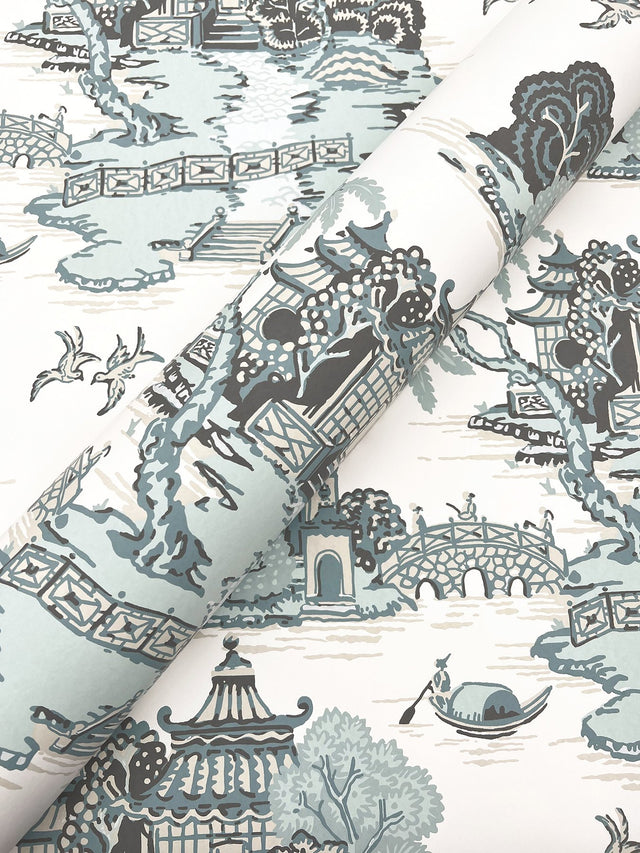 Pagoda And Sampan Scenic Seamist Wallpaper with Modern Toile Pattern - York RT7904