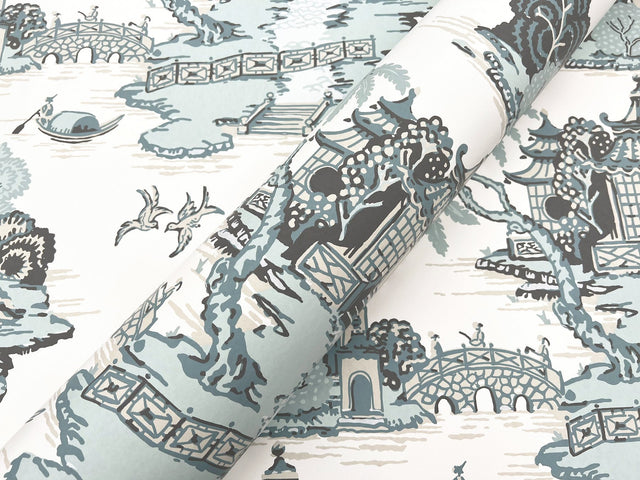 Pagoda And Sampan Scenic Seamist Wallpaper with Modern Toile Pattern - York RT7904