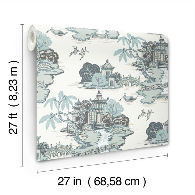 Pagoda And Sampan Scenic Seamist Wallpaper with Modern Toile Pattern - York RT7904