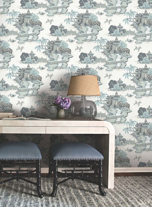 Pagoda And Sampan Scenic Seamist Wallpaper with Modern Toile Pattern - York RT7904