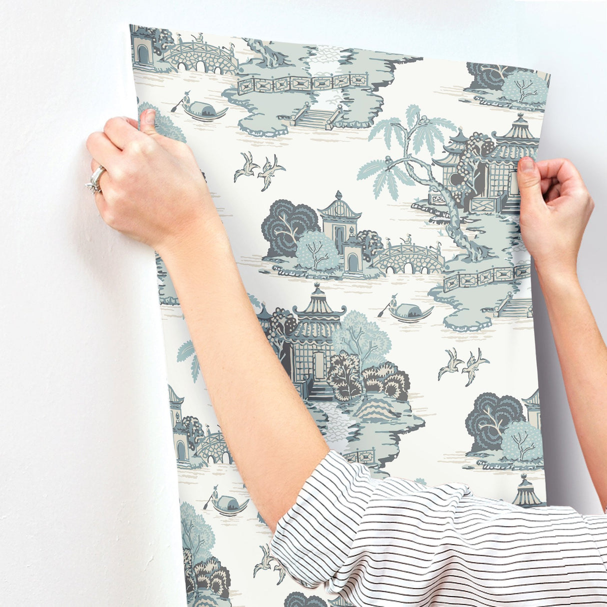 Pagoda And Sampan Scenic Seamist Wallpaper with Modern Toile Pattern - York RT7904