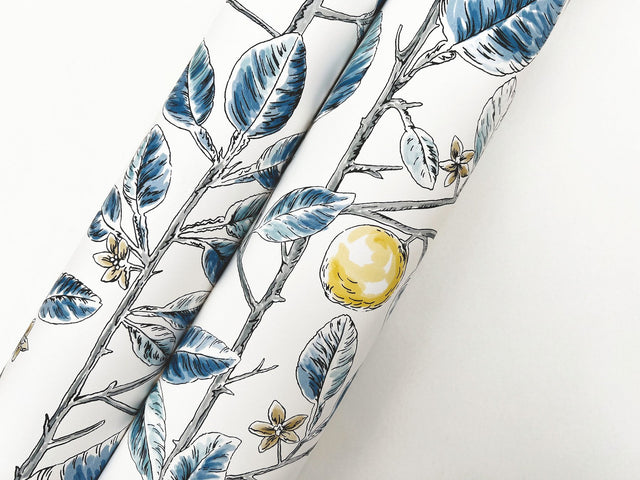 Limoncello Toile Blue Wallpaper with Modern Toile Lemon Tree Motif - York RT7913