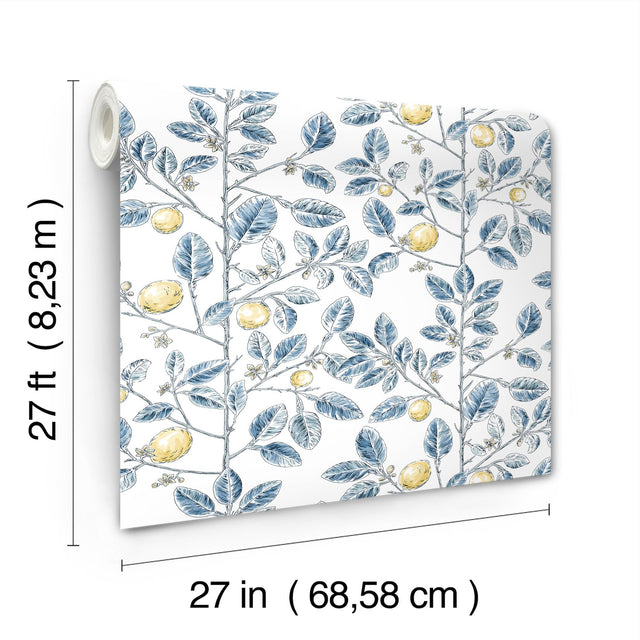 Limoncello Toile Blue Wallpaper with Modern Toile Lemon Tree Motif - York RT7913