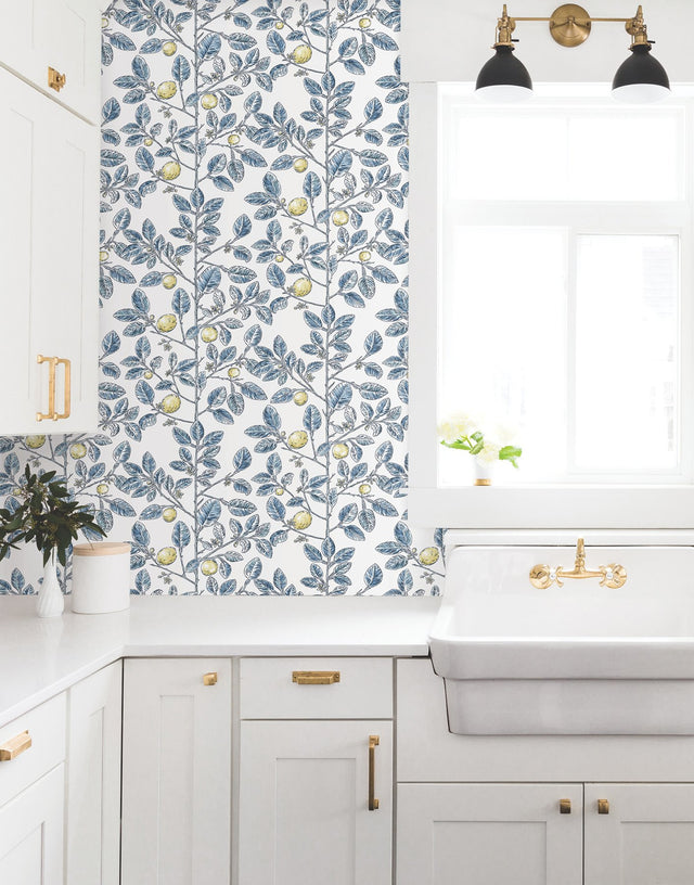 Limoncello Toile Blue Wallpaper with Modern Toile Lemon Tree Motif - York RT7913