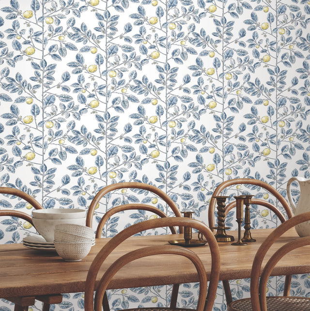Limoncello Toile Blue Wallpaper with Modern Toile Lemon Tree Motif - York RT7913