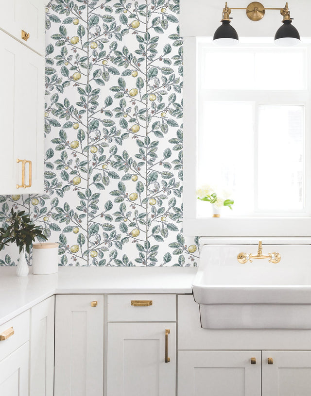 Limoncello Toile Forest Wallpaper with Modern Toile Botanical Motif - York RT7914