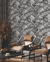 Palm Cove Toile White & Black Wallpaper with Tropical Toile Palm Fronds - York RT7921