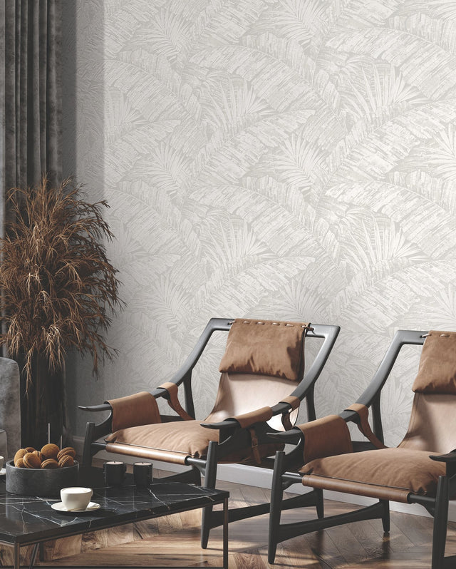 Palm Cove Toile White & Grey Wallpaper with Tropical Toile Leaf Pattern - York RT7922