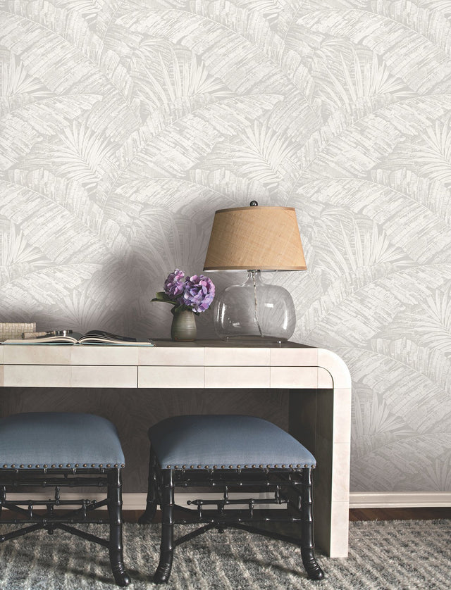 Palm Cove Toile White & Grey Wallpaper with Tropical Toile Leaf Pattern - York RT7922