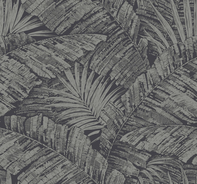 Palm Cove Toile Silver & Black Wallpaper with Metallic Tropical Toile - York RT7923