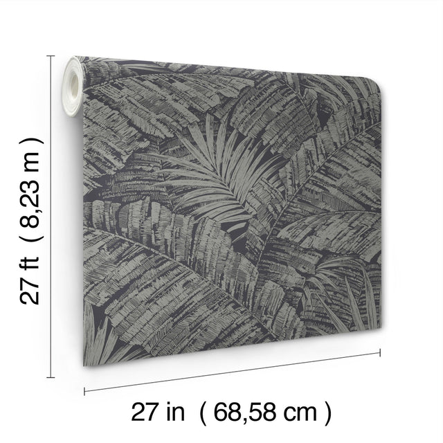 Palm Cove Toile Silver & Black Wallpaper with Metallic Tropical Toile - York RT7923