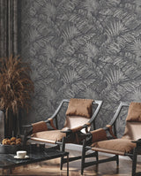 Palm Cove Toile Silver & Black Wallpaper with Metallic Tropical Toile - York RT7923