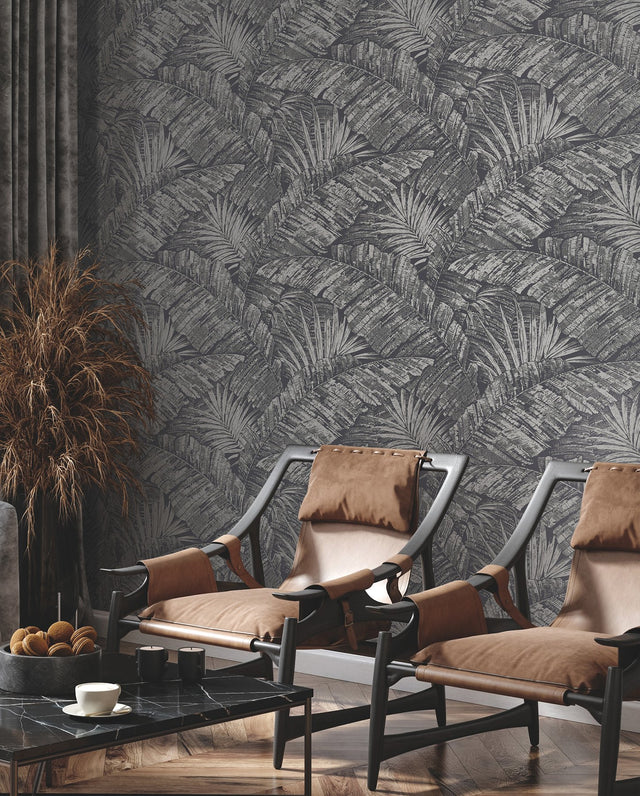 Palm Cove Toile Silver & Black Wallpaper with Metallic Tropical Toile - York RT7923