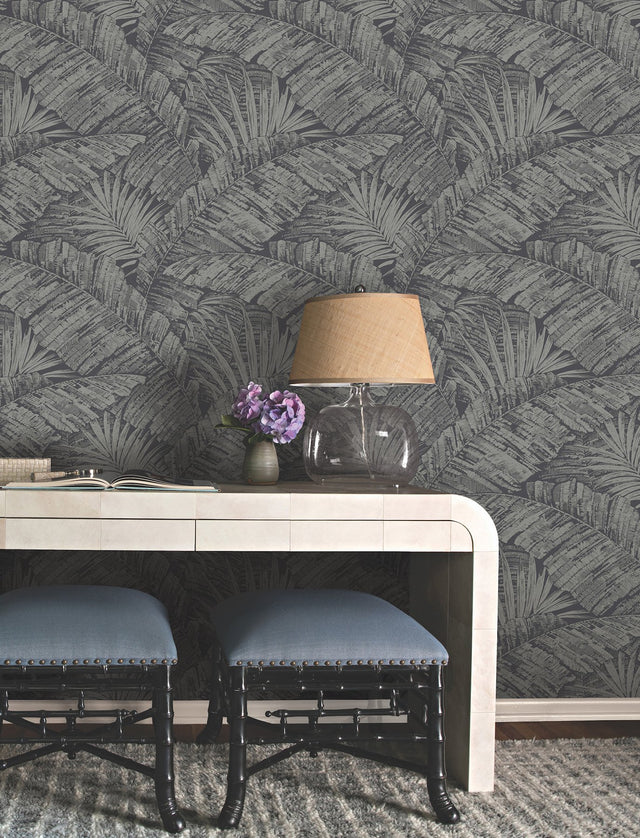 Palm Cove Toile Silver & Black Wallpaper with Metallic Tropical Toile - York RT7923