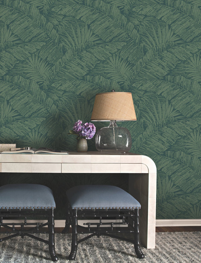 Palm Cove Toile Emerald Forest Wallpaper with Tropical Toile Pattern - York RT7924