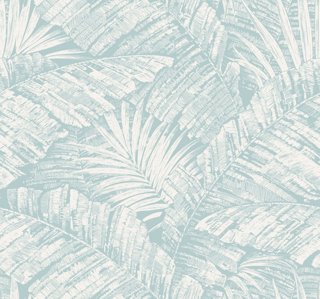 Palm Cove Toile White & Blue Wallpaper