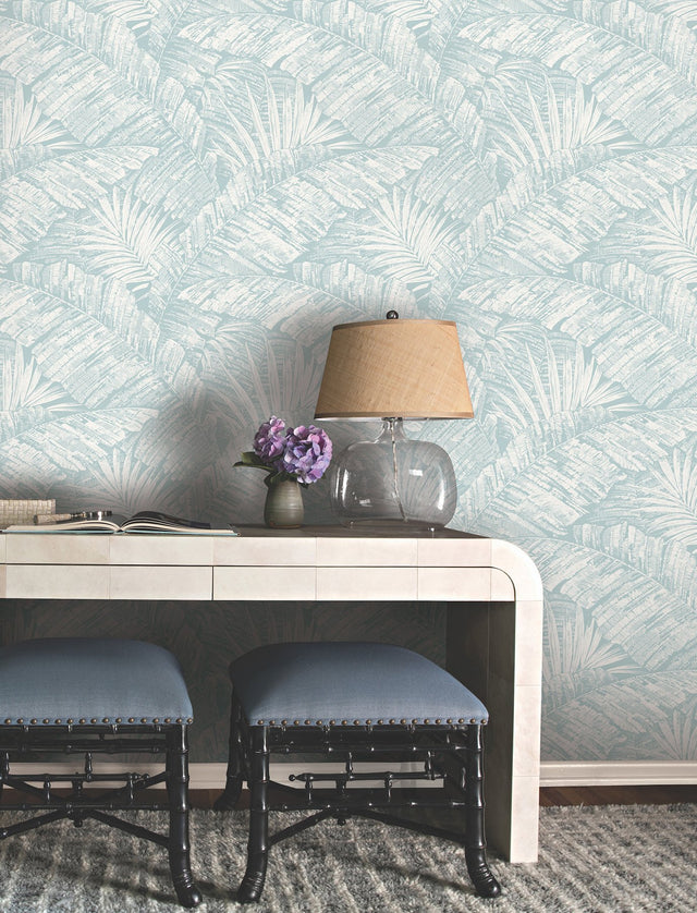 Palm Cove Toile White & Blue Wallpaper