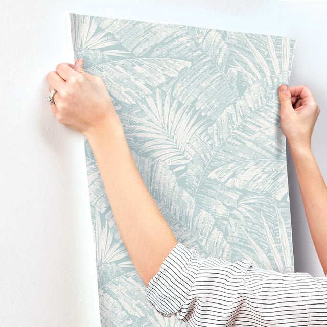 Palm Cove Toile White & Blue Wallpaper