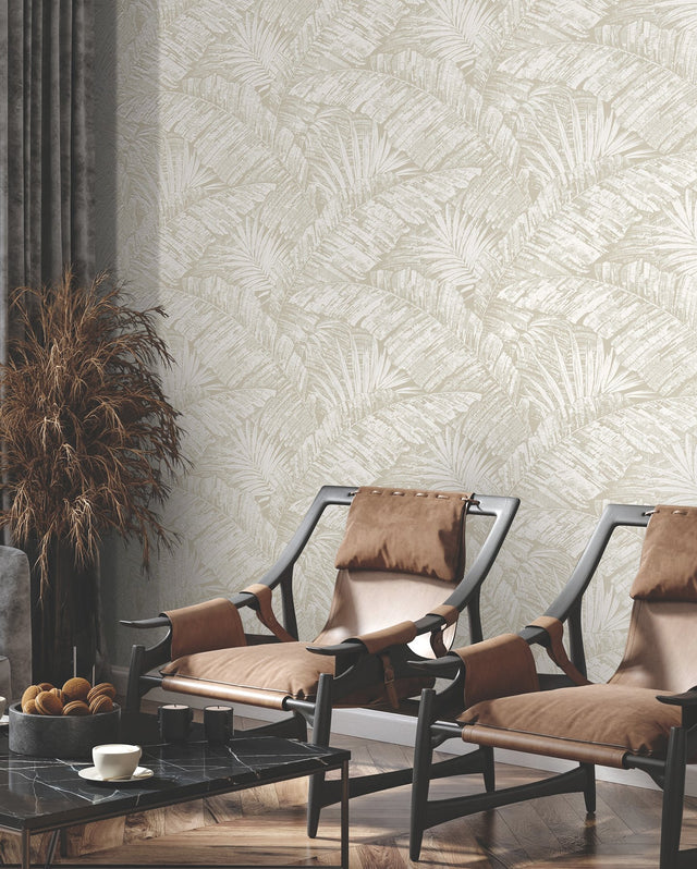 Palm Cove Toile White & Taupe Wallpaper with Tropical Toile Motif - York RT7926