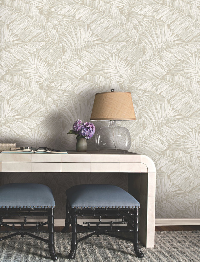 Palm Cove Toile White & Taupe Wallpaper with Tropical Toile Motif - York RT7926