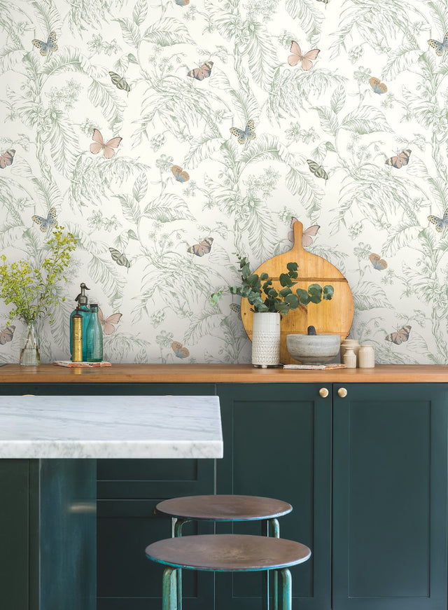 Papillon Blush Wallpaper with Tropical Toile Butterfly Motif - York RT7930