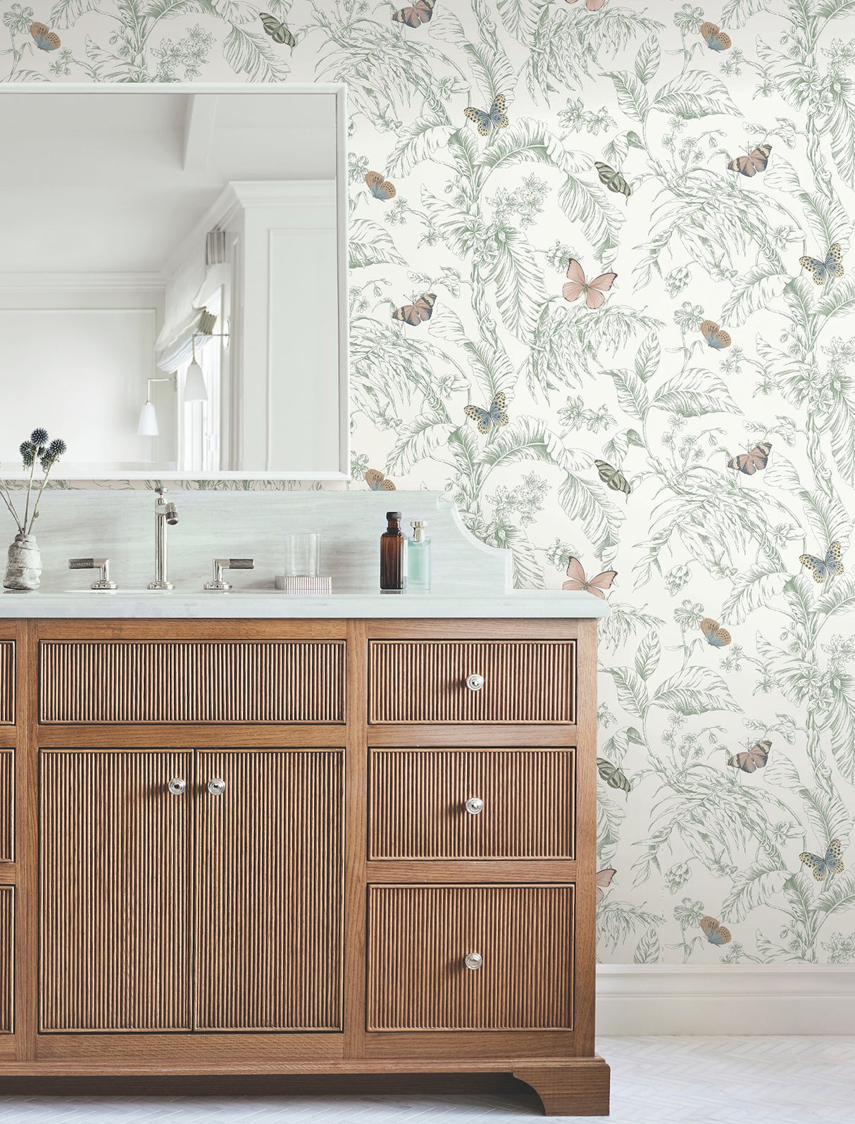 Papillon Blush Wallpaper with Tropical Toile Butterfly Motif - York RT7930