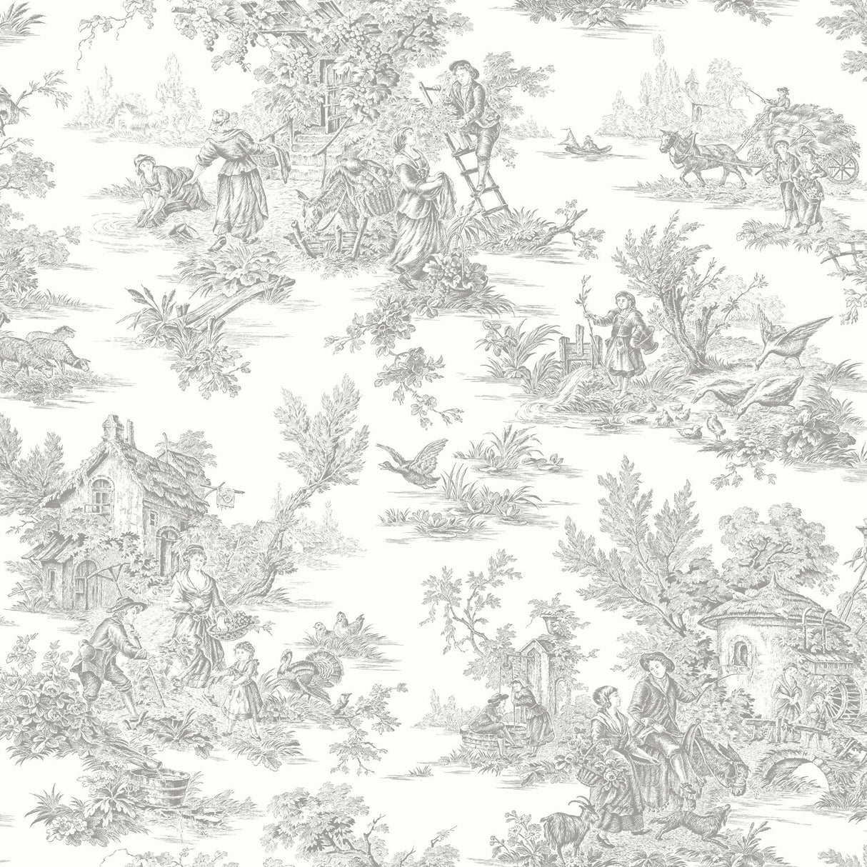Campagne Toile Grey Wallpaper with Traditional Pastoral Toile Pattern - York RT7940