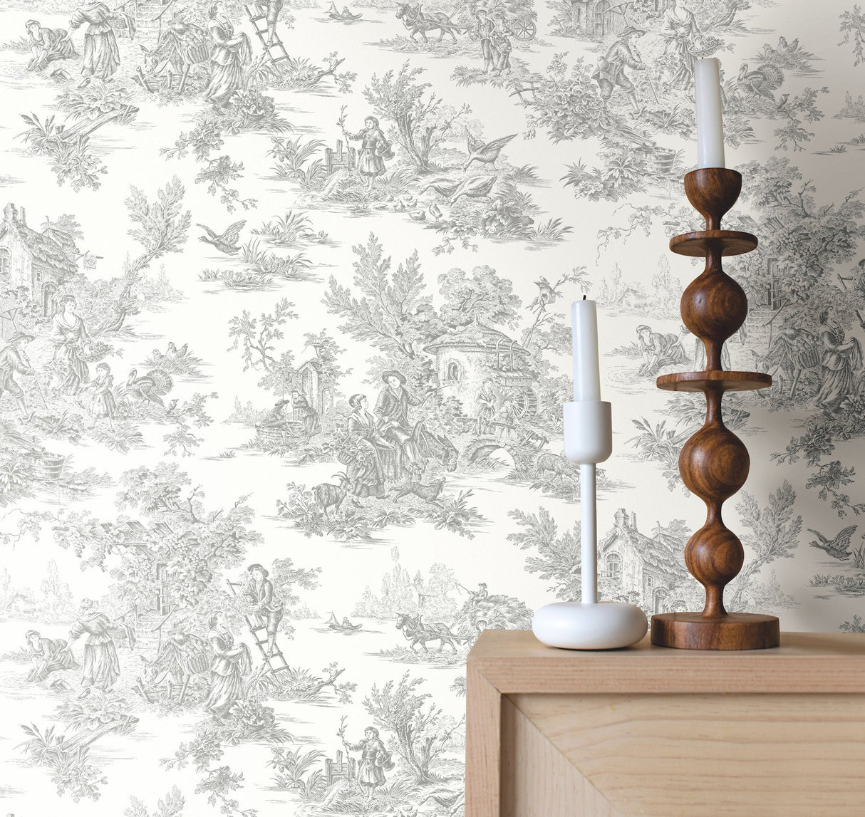 Campagne Toile Grey Wallpaper with Traditional Pastoral Toile Pattern - York RT7940