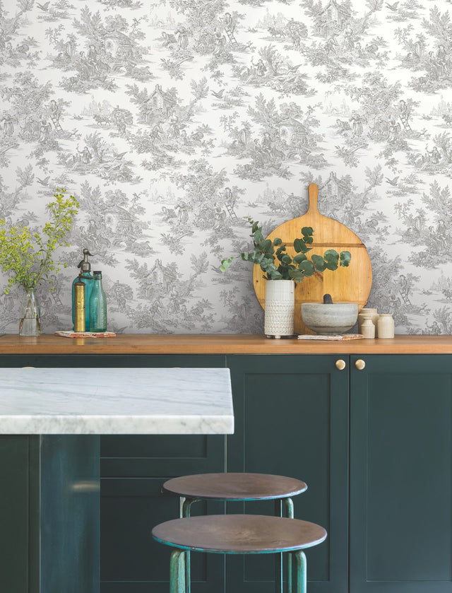 Campagne Toile Grey Wallpaper with Traditional Pastoral Toile Pattern - York RT7940
