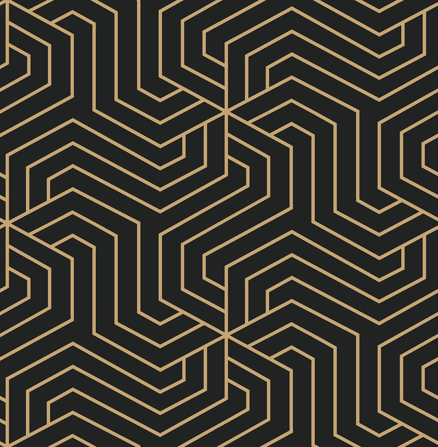 Ramsey Black Geometric Peel & Stick Wallpaper with Metallic Art Deco Pattern - Brewster RZS4526