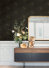 Ramsey Black Geometric Peel & Stick Wallpaper with Metallic Art Deco Pattern - Brewster RZS4526