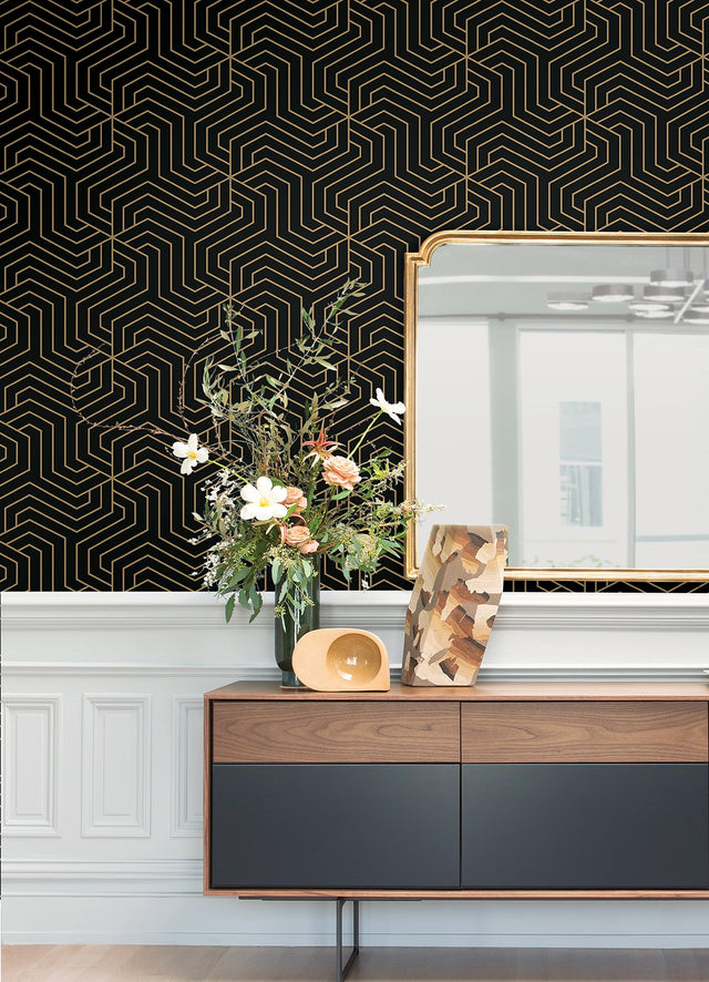 Ramsey Black Geometric Peel & Stick Wallpaper with Metallic Art Deco Pattern - Brewster RZS4526