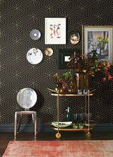 Ramsey Black Geometric Peel & Stick Wallpaper with Metallic Art Deco Pattern - Brewster RZS4526