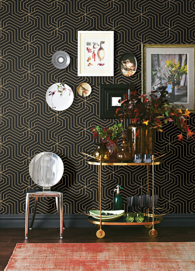Ramsey Black Geometric Peel & Stick Wallpaper with Metallic Art Deco Pattern - Brewster RZS4526