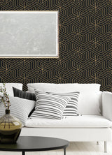 Ramsey Black Geometric Peel & Stick Wallpaper with Metallic Art Deco Pattern - Brewster RZS4526
