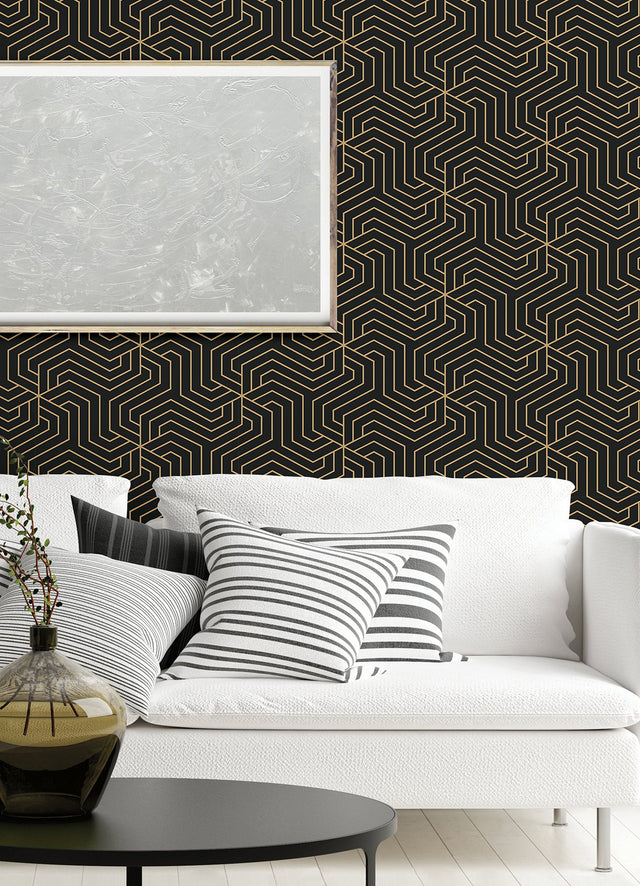 Ramsey Black Geometric Peel & Stick Wallpaper with Metallic Art Deco Pattern - Brewster RZS4526
