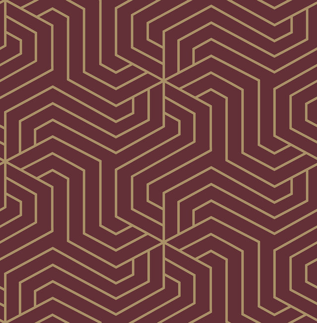 Ramsey Burgundy Peel & Stick Wallpaper with Gold Geometric Art Deco Motif - RZS4527