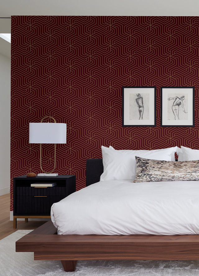 Ramsey Burgundy Peel & Stick Wallpaper with Gold Geometric Art Deco Motif - RZS4527