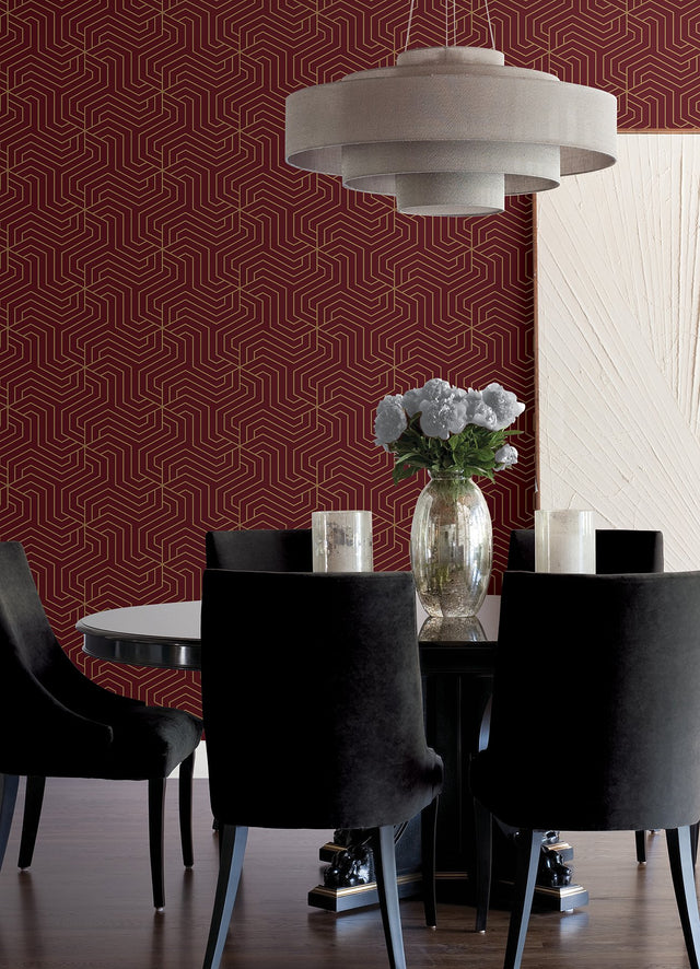 Ramsey Burgundy Peel & Stick Wallpaper with Gold Geometric Art Deco Motif - RZS4527