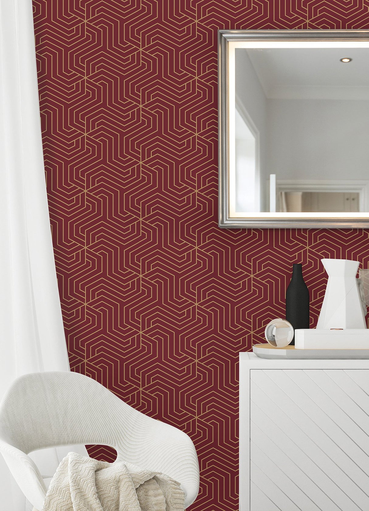Ramsey Burgundy Peel & Stick Wallpaper with Gold Geometric Art Deco Motif - RZS4527
