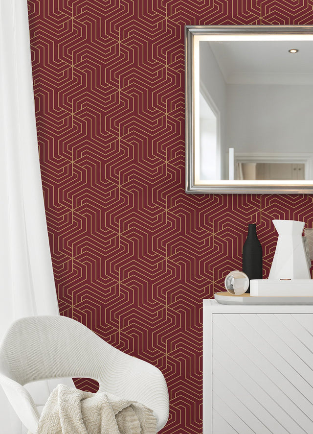 Ramsey Burgundy Peel & Stick Wallpaper with Gold Geometric Art Deco Motif - RZS4527