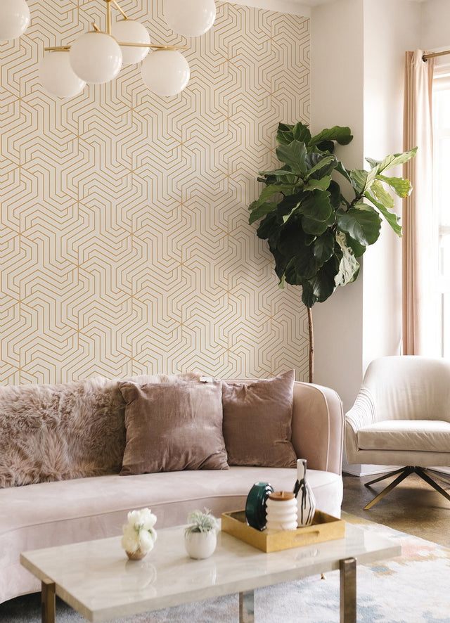 Ramsey Cream Peel & Stick Wallpaper with Glam Geometric Art Deco Pattern - Rachel Zoe x NuWallpaper RZS4528