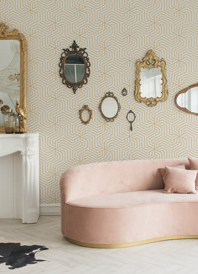 Ramsey Cream Peel & Stick Wallpaper with Glam Geometric Art Deco Pattern - Rachel Zoe x NuWallpaper RZS4528